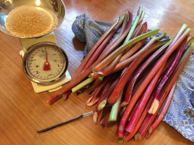 Zutaten für Rhabarberkompott liegen auf einem Küchentisch aus Holz: Zucker, Rhabarber und Vanille.