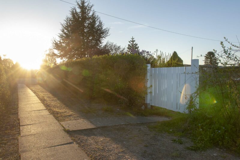 Gartentor selber bauen: Unser selbstgebautes Gartentor im Sonnenuntergang.