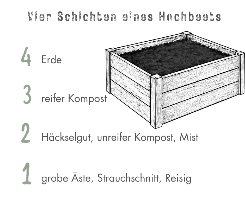 Grafik mit vier Schichten eines Hochbeets, rechts im Bild ist ein Hochbeet zu sehen, links davon sind die vier Schichten erklärt-