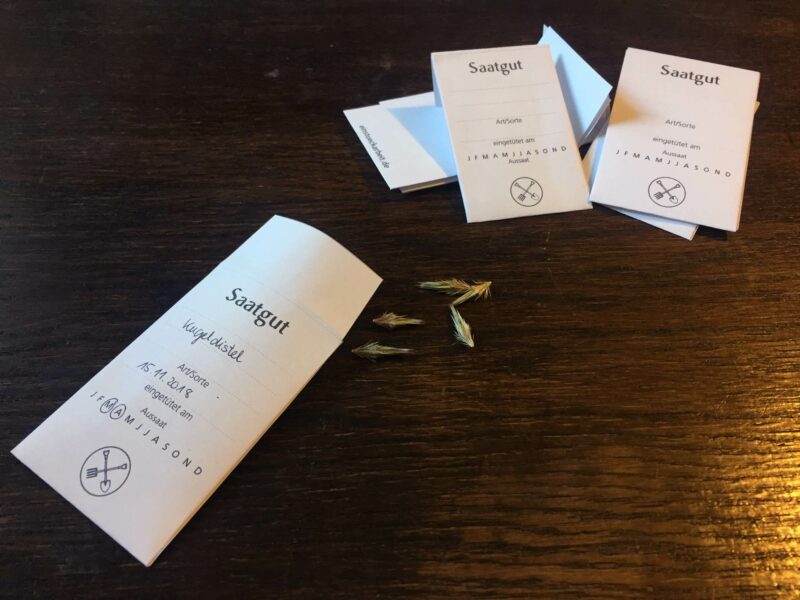 Eine selbst gemachte Saatgut-Tüte liegt auf einem Tisch.