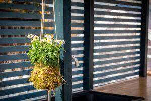 Ein Kokedama-DIY hängt an einer Außenküche.