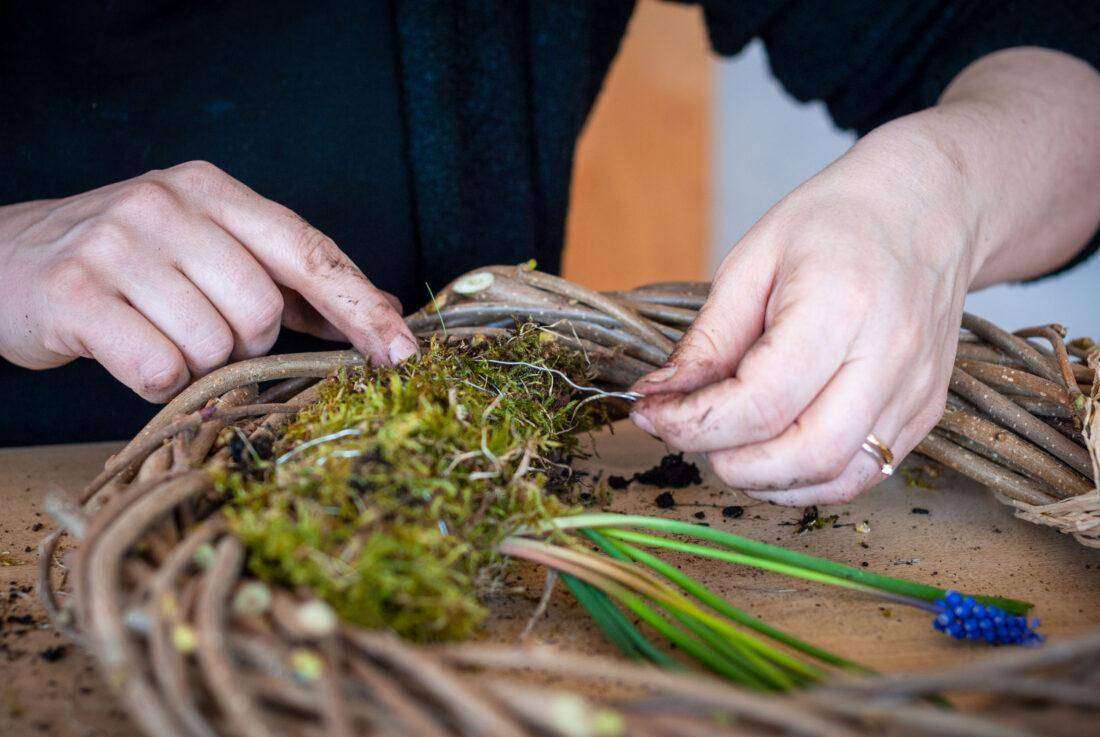 Eine Frau befestigt in Moos eingeqwickelte Pflanzen in einem Türkranz 