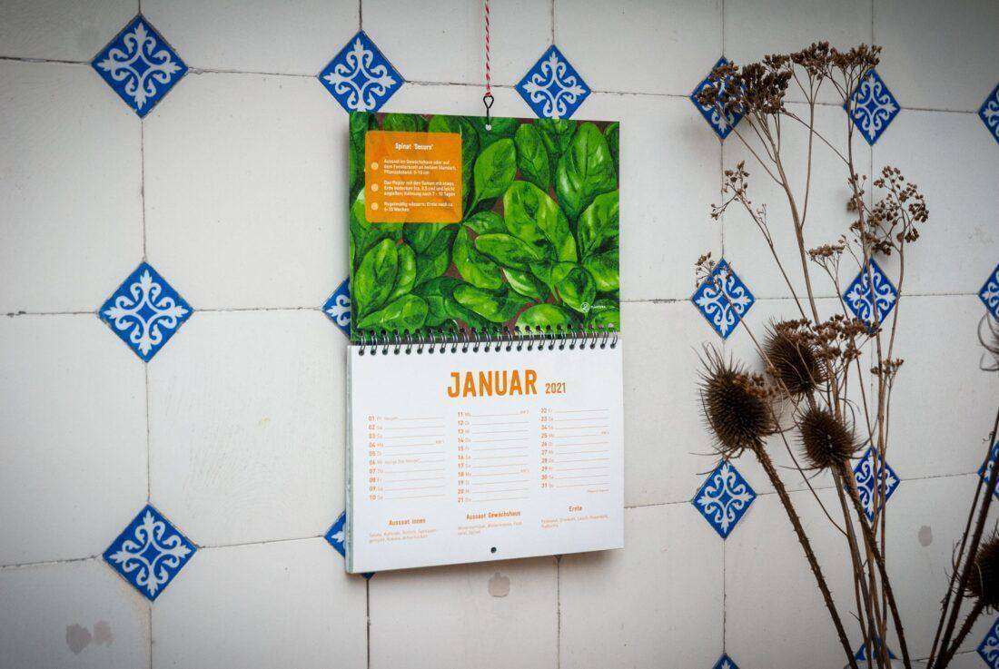 Einpflanzbarer Kalender von Plantura hängt an einer Wand.