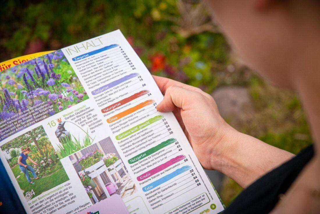 Blick ins Inhaltverzeichnis der Juni-Ausgabe der Zeitschrift Gartenspaß. 