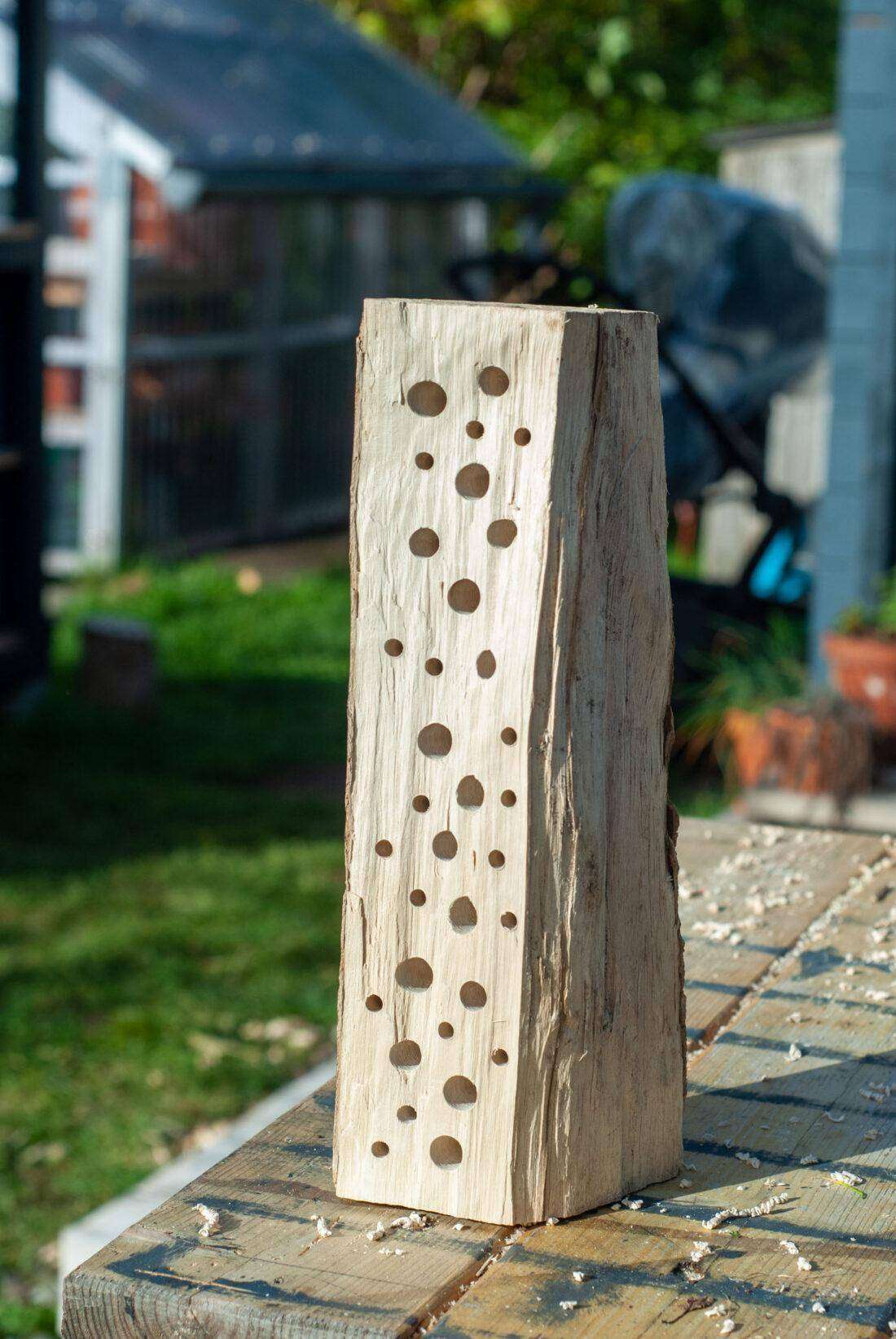 Insektenhotel bauen: Ein Holzscheit mit vielen Bohrlöchern steht auf einer Arbeitsfläche. 