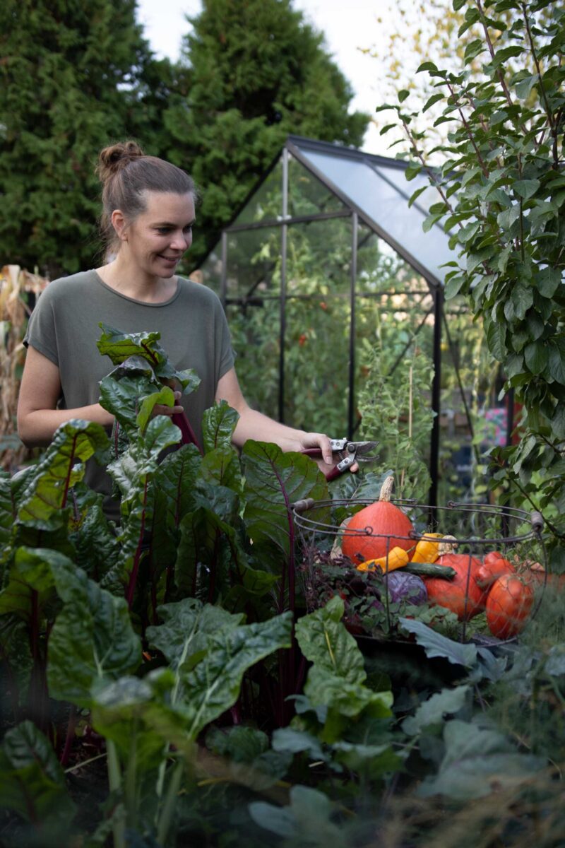 Porträtfoto von Sandra von GRÜNELIEBE vor ihrem Gewächshaus.