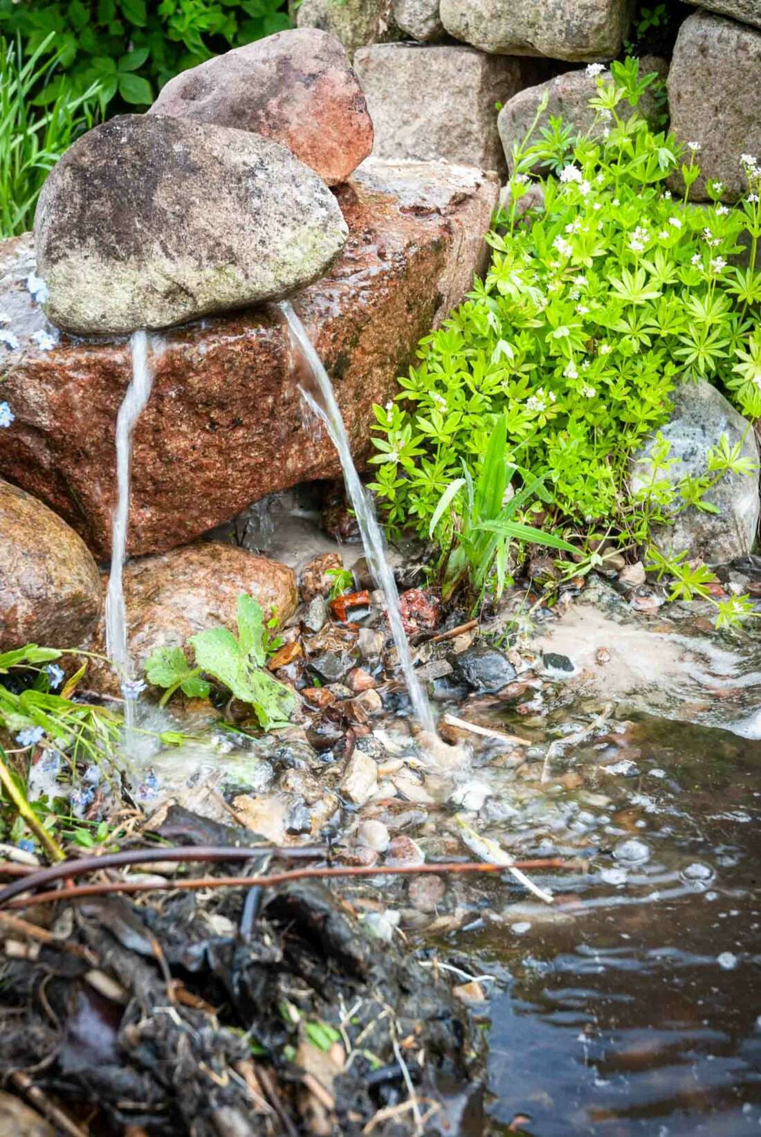 Über einen Stein fließt Frischwasser in einen Teich.