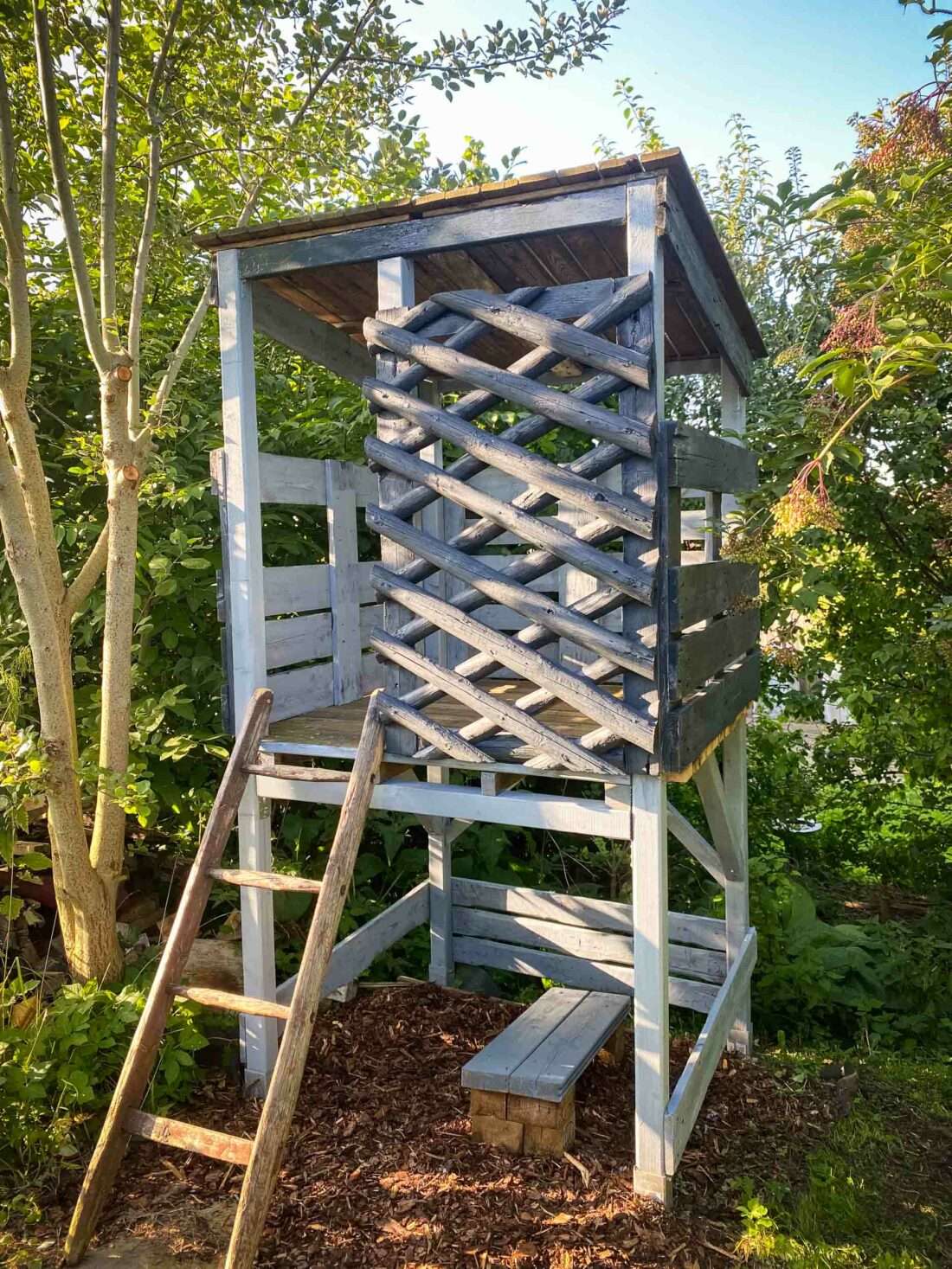Spielhaus für Kinder selber bauen: Ein kleine Hütte strahlt im Abendlicht.