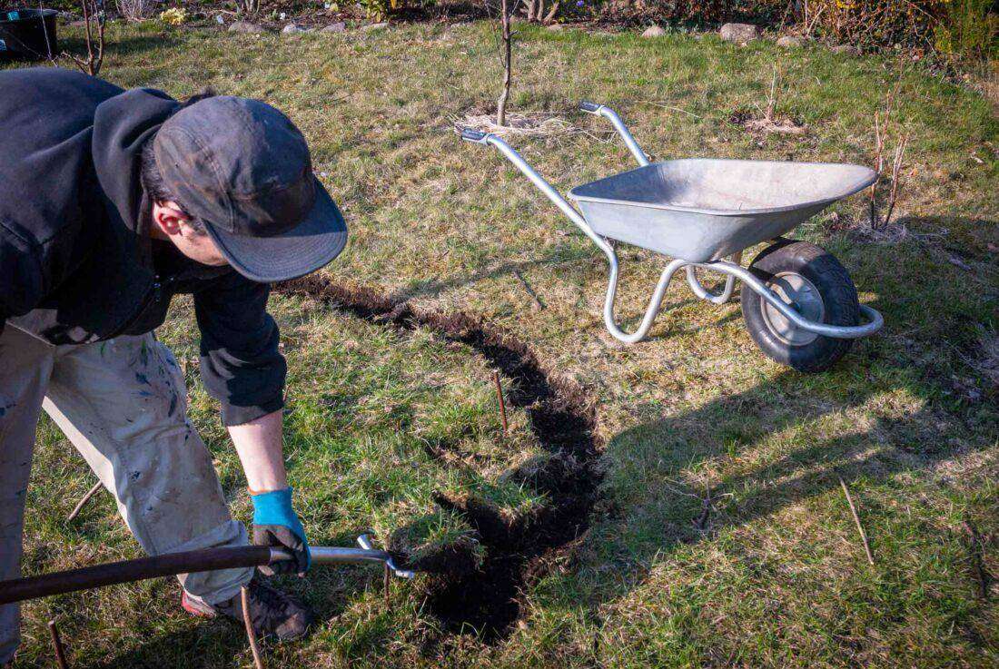 Ein Mann sticht den Boden für eine Kräuterspirale ab. 