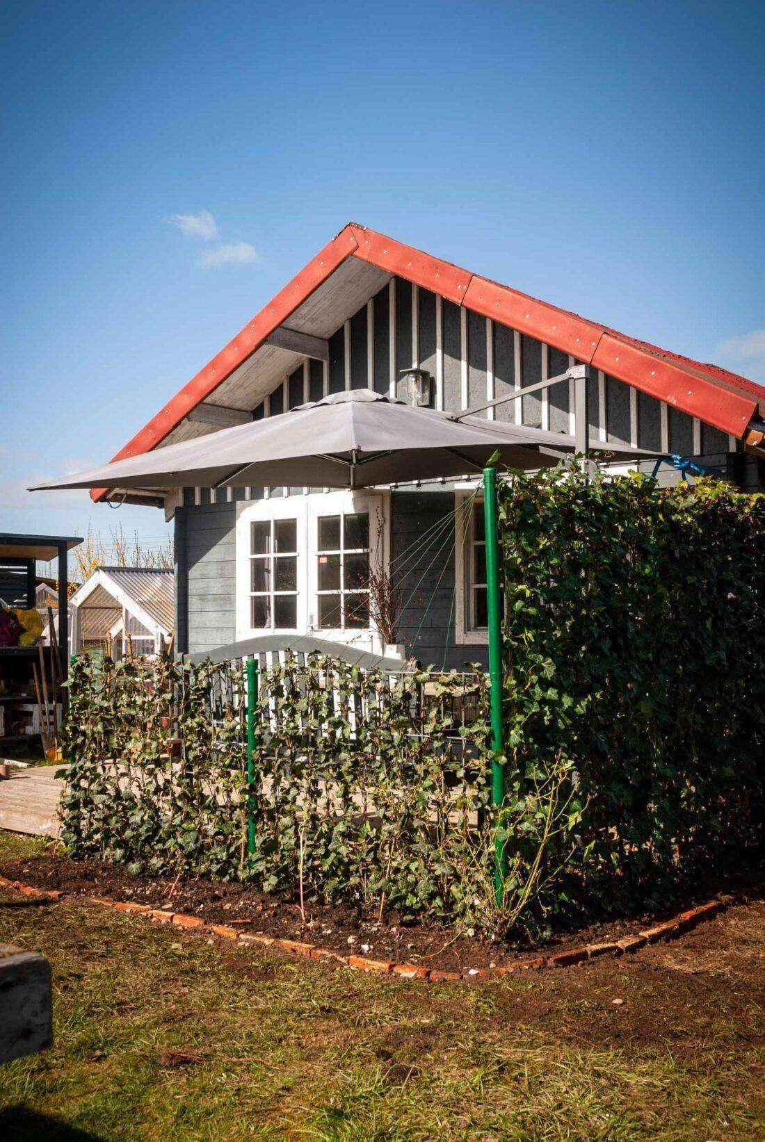 Blick auf eine mit Sichtschutz eingerahmte Terrasse. 