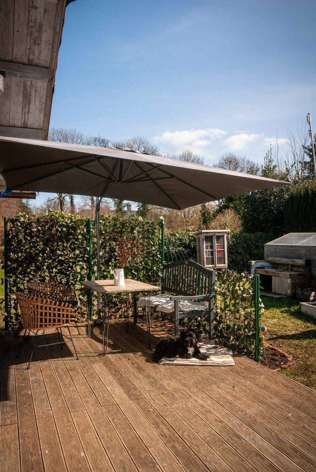 Blick auf eine Terrasse mit einem Sichtschutz aus mit Efeu berankten Elementen. 